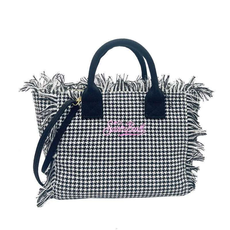2024 New Fashion Handmade Tassel Cotton Linen Tote Large Capacity Beach Travel Thousand Birdseye High Quality Handbag