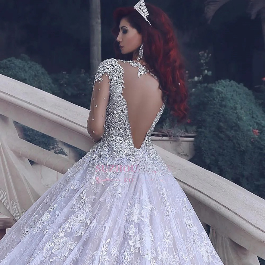 Luxury O-neck Long Sleeves Lace Ball Gown Wedding Dresses Arabic Beaded Crystals Vestidos De Noiva Wedding Gowns Robe De Mariage