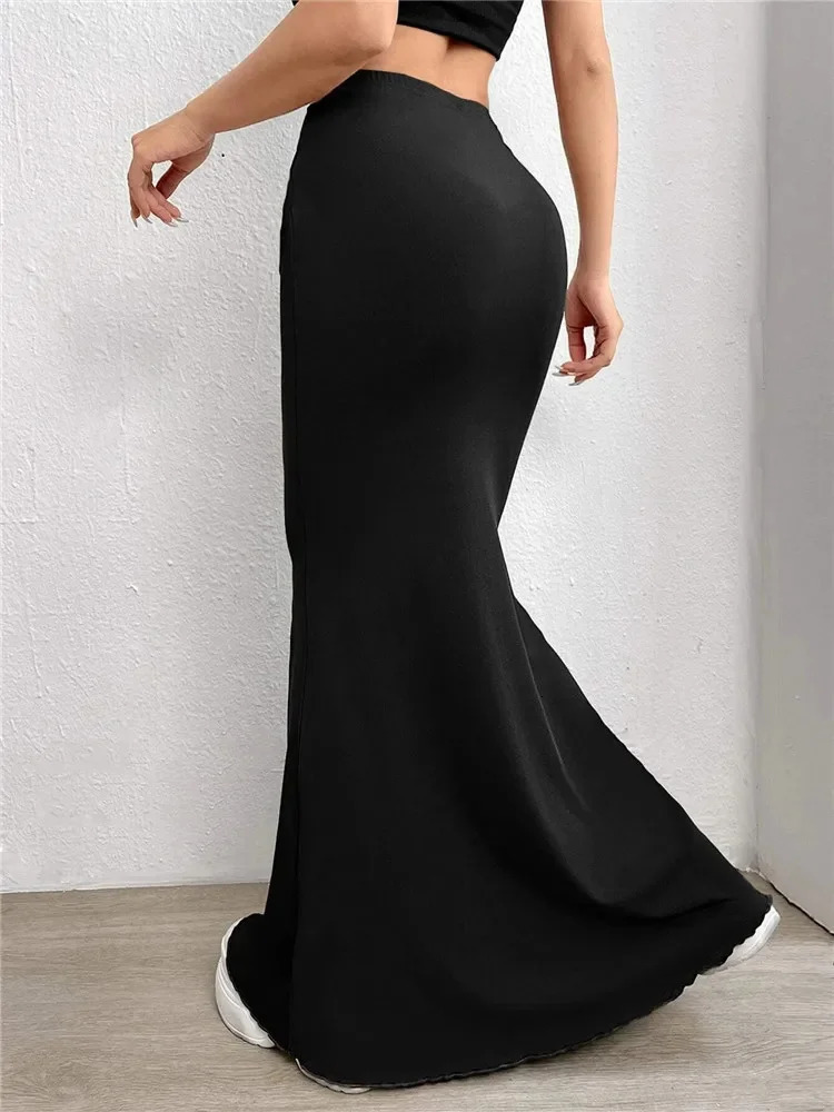Solid Bodycon Ruched Long Skirt Women Sexy Black Elastic Elegant High Waist Mermaid Maxi Skirts Summer Streetwear 250514