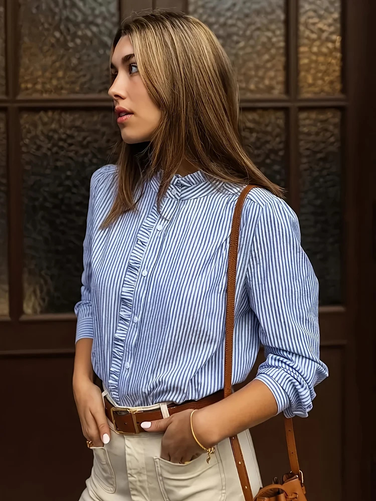 Plus Size Womens Blue Striped Shirt Basic Comfortable Versatile Temperament Long Sleeve 250515