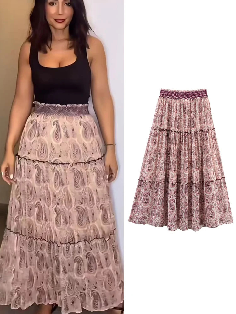 TFMLN Printed Skirts For Ladies Spring Summer Long Skirt Elegant Chic ALine Full Length Women Fashion Beach 250515