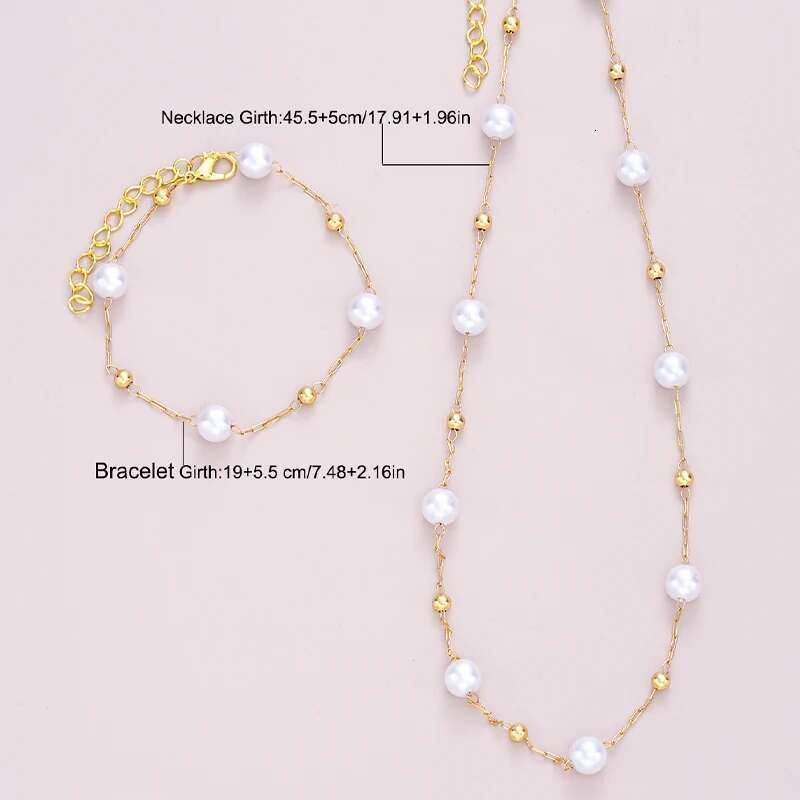 2 Pcs Exquisite Gold Color Bohemian For Women Fashion Pearl Cross Pendant Necklace Bracelet Set Casual Jewelry Gifts