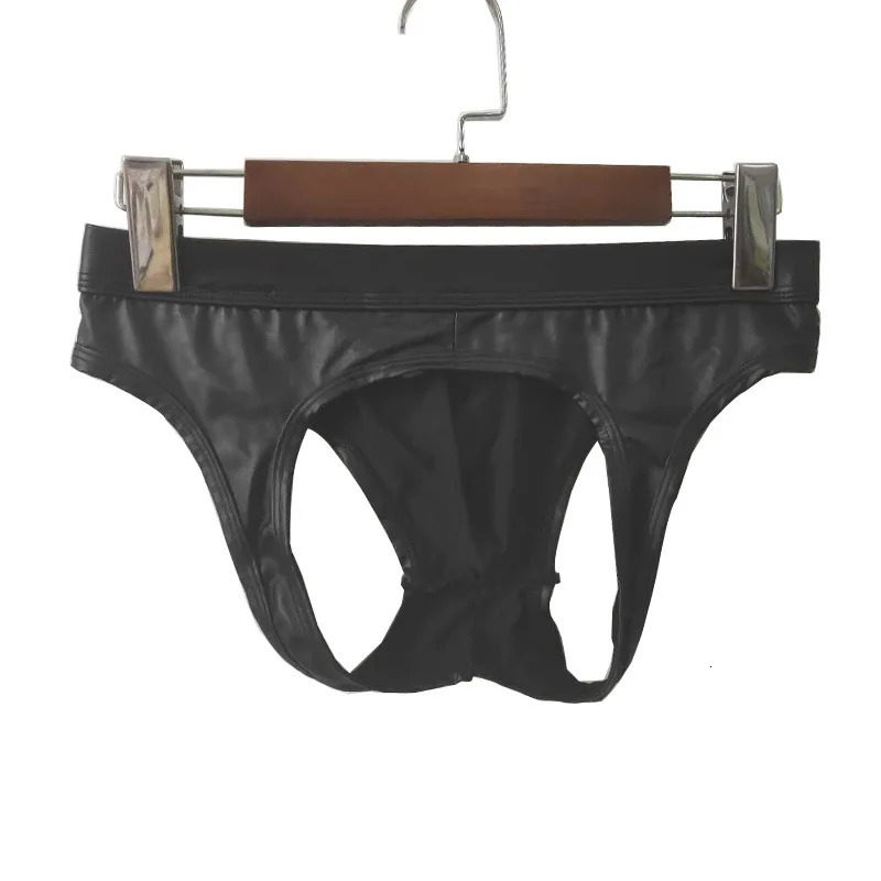 Mens G-string Thongs Hollow Back Jockstrap Sexy Gay Underwear Black Faux Leather Panties Man Lingerie Erotic Penis Underpants 250515
