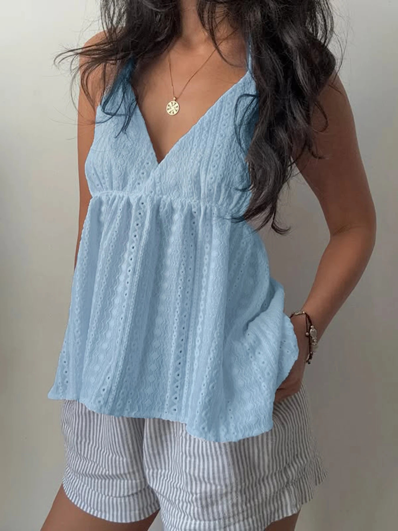 IAMSURE Holiday Loose Hollow Out Camis Top Beach Style Solid Deep VNeck Sleeveless Tank 2025 Summer Fashion Lady 250506