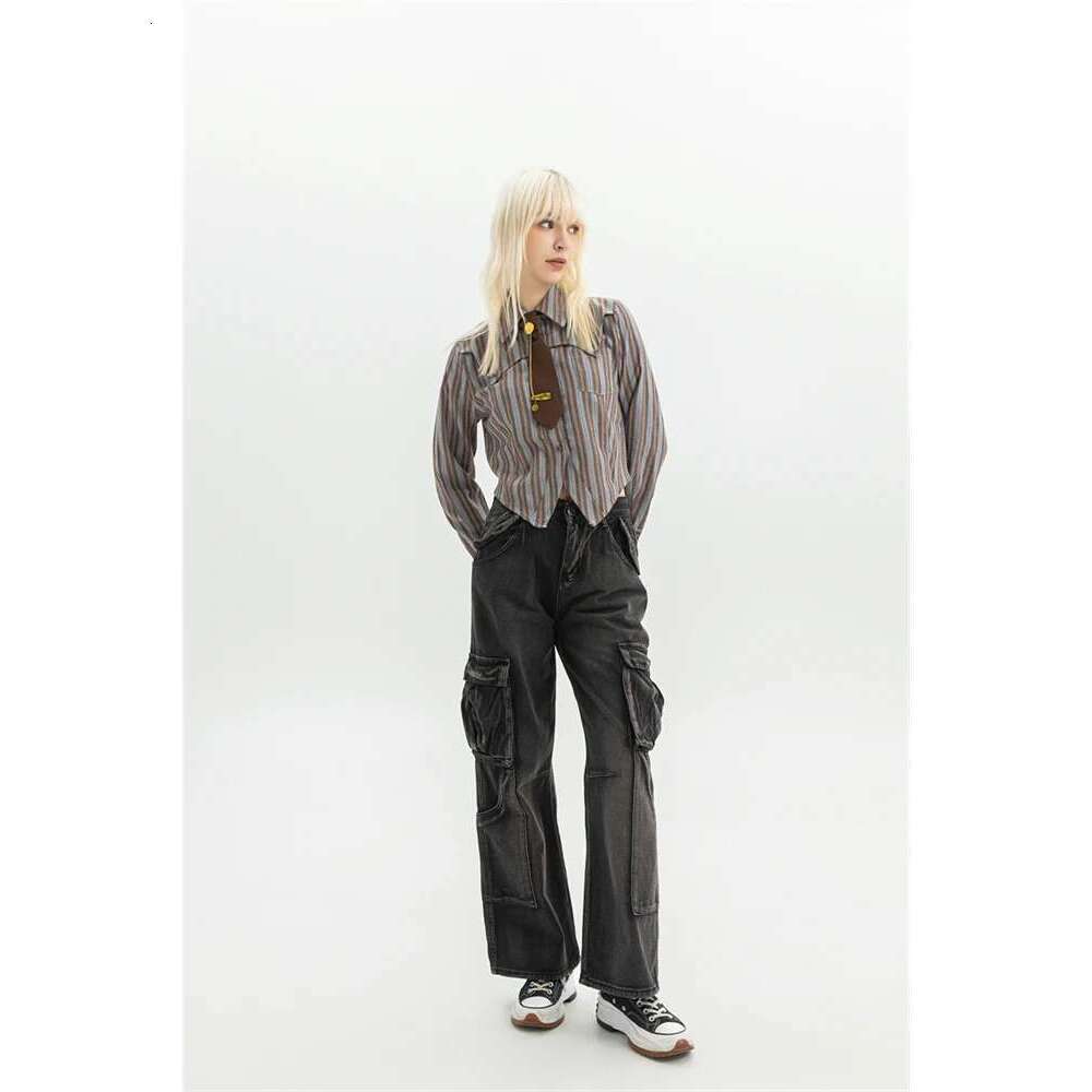 Women's Black Gothic Cargo Jeans Vintage Korean 90S Aesthetic Y2k Denim Trousers Haruku High Waist Cowboy Pants 2000S Clothes Designer