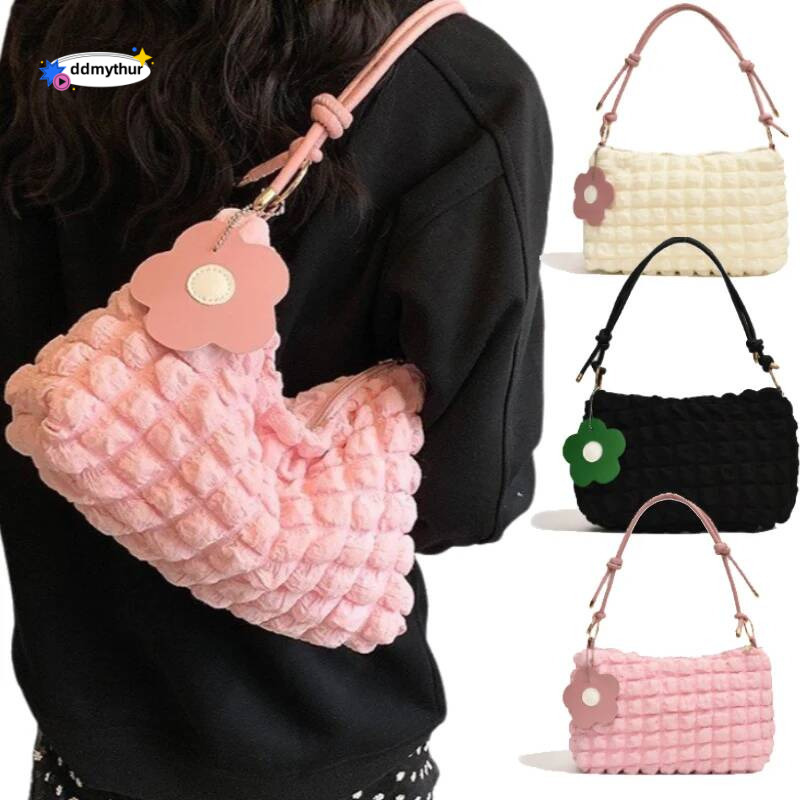 Korean Soft Bubbles Handbags for Woman Girls Flower Pleated Cloud Underarm Pouch Casual Shoulder Bag Cute Purse ddmythur