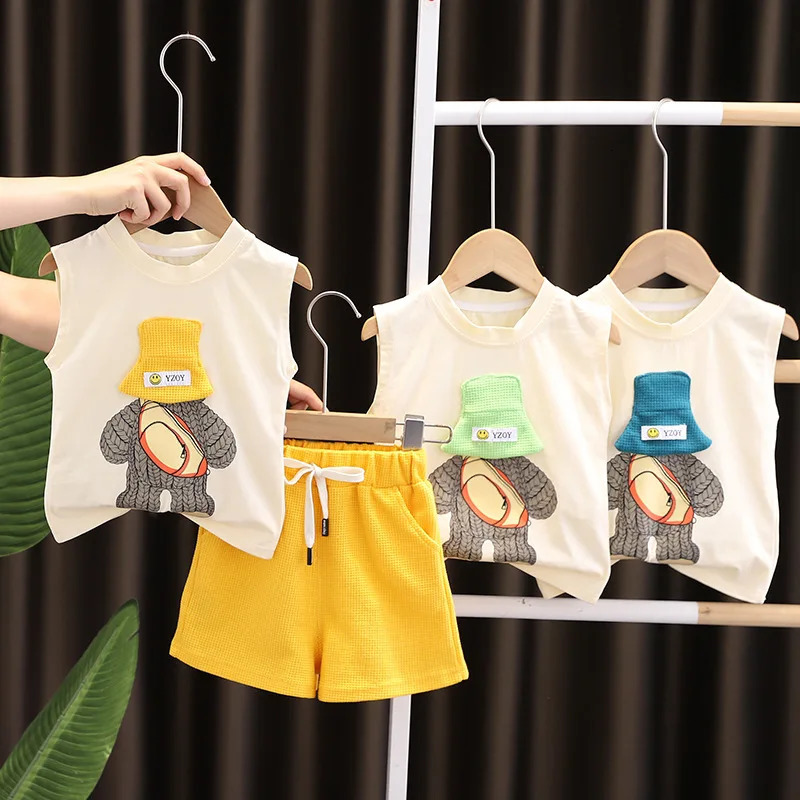 Korean Children Summer Sets Girl Boy Sleeveless Vest Shorts Suit Child Clothing Fashion Outfits Kids Costume 250515