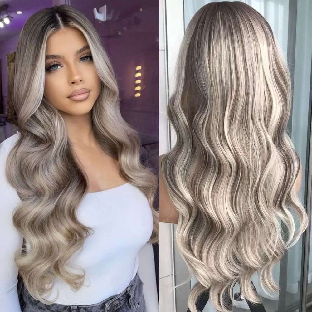 Body Wave Front Highlight Ash Blonde Frontal Wigs Pre Plucked Long Wavy Synthetic Lace Wig for Women