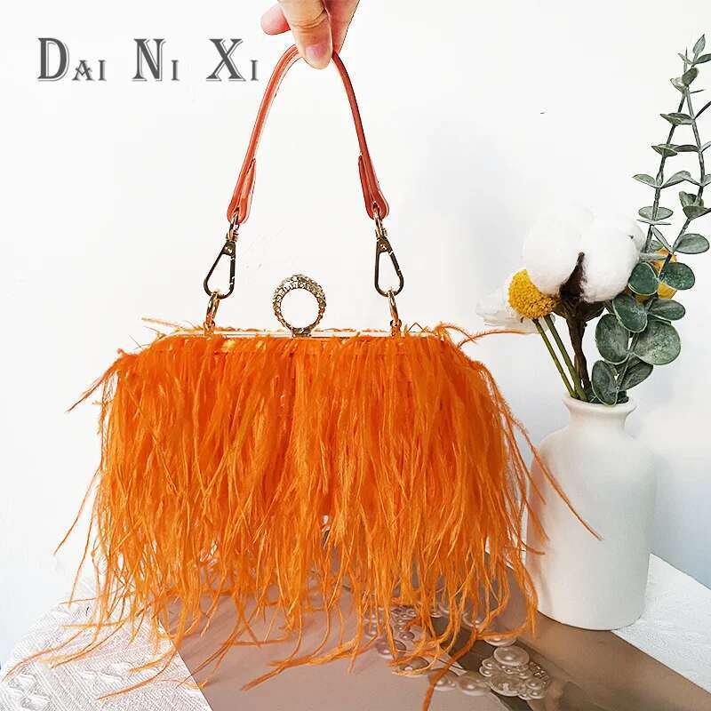 Fashion Ostrich Fuax Fur Feather Wallet Clutch Bag Ladies Dia Knuckle Rings Dinner Party Wedding Purse Chic