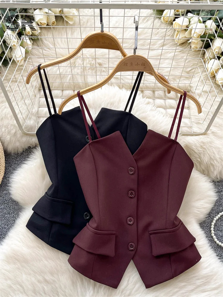 SINGREINY Summer Senior Straps OL Tops Single Breasted Skinny Women Blouse Fashion Solid Basics Elegant Short Tank 250515