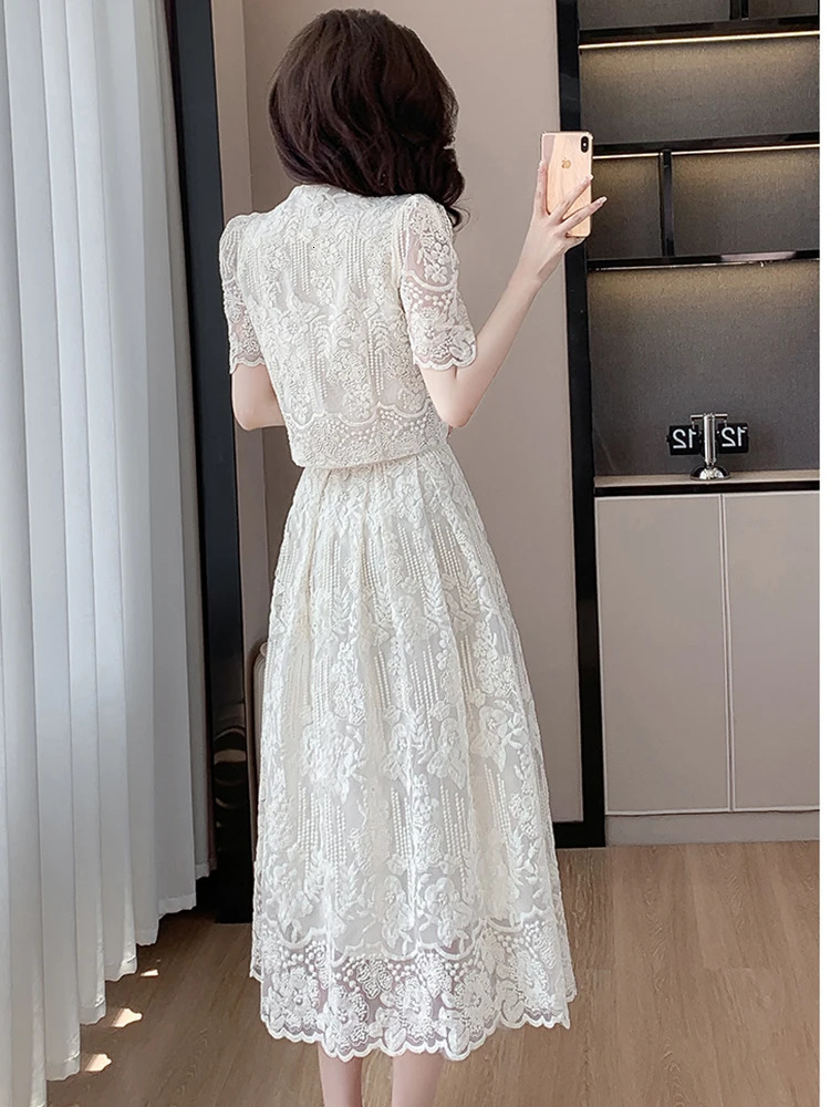 Summer y Lace 2 Piece Set Chic Women Beaded Flower Single Breasted Short Top A Line Midi Skirt Suits High Qu 250515