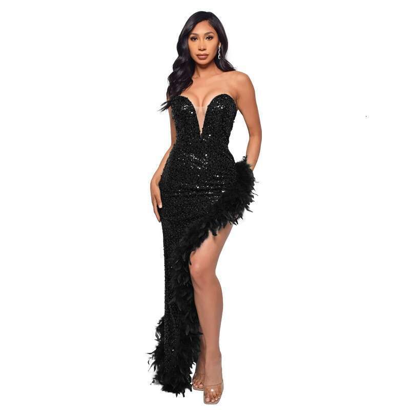 White Dress Maxi Dress Instagram Women's Strapless Backless Sequin Feather Dress For Women KQ