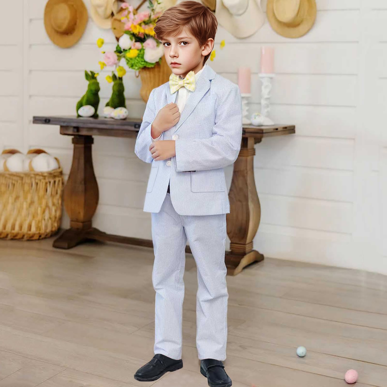 Boys Seersucker Suit 2 Piece Tuxedo for Boys Striped Blazer Pants Boys Summer Beach Wedding Suit