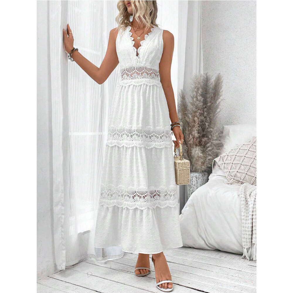 White Dress Maxi Dress 2024 Summer New VCAY Women's Lace Spliced V-Neck Sleeveless Dress KQ