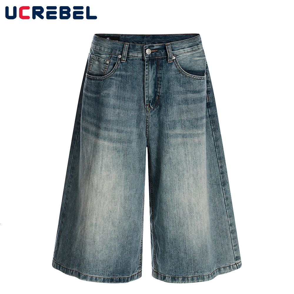 Bamboo Pattern Denim Cropped Trousers Mens Retro High Street Loose Wide Leg Pocket Short Jeans Men 250515