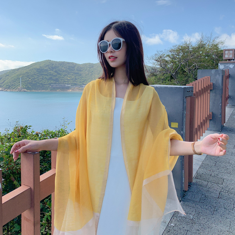 K725 Travel seaside vacation light and elegant beach silk scarf women's spring and summer new cool pure color long sunscreen scarf