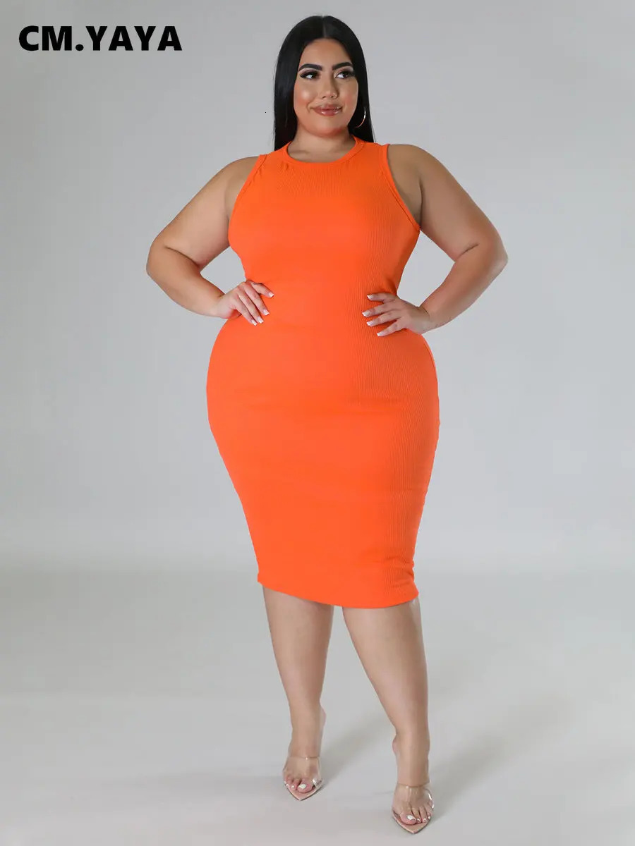 CM.YAYA Women Plus size Fashion Sleeveless Knit Ribbed Bodycon Midi Tank Dress High Street Vintage Party Evening Pencil Dresses 250515