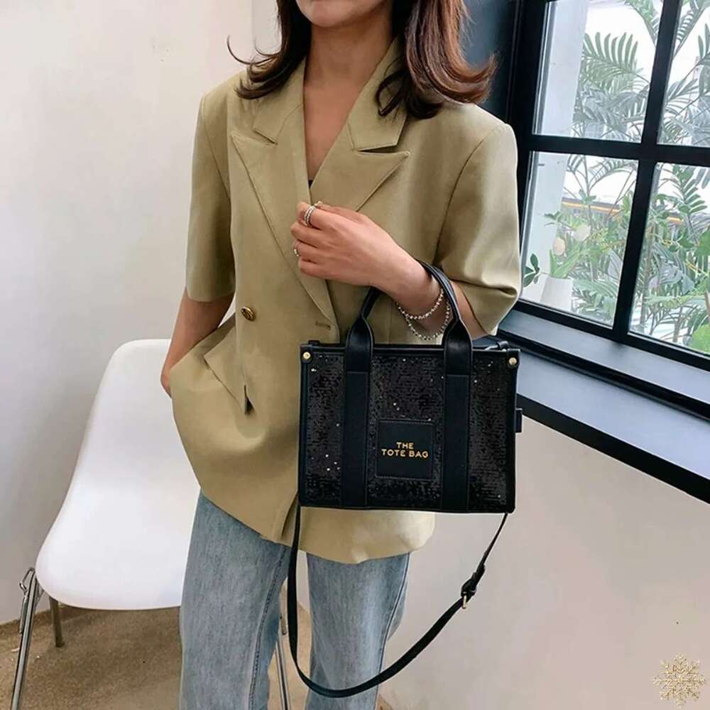 New Handbag with Letter Printed Sequin Upper Handle Bag, Women's Leather Handbag, Flash Shoulder Crossbody Bag