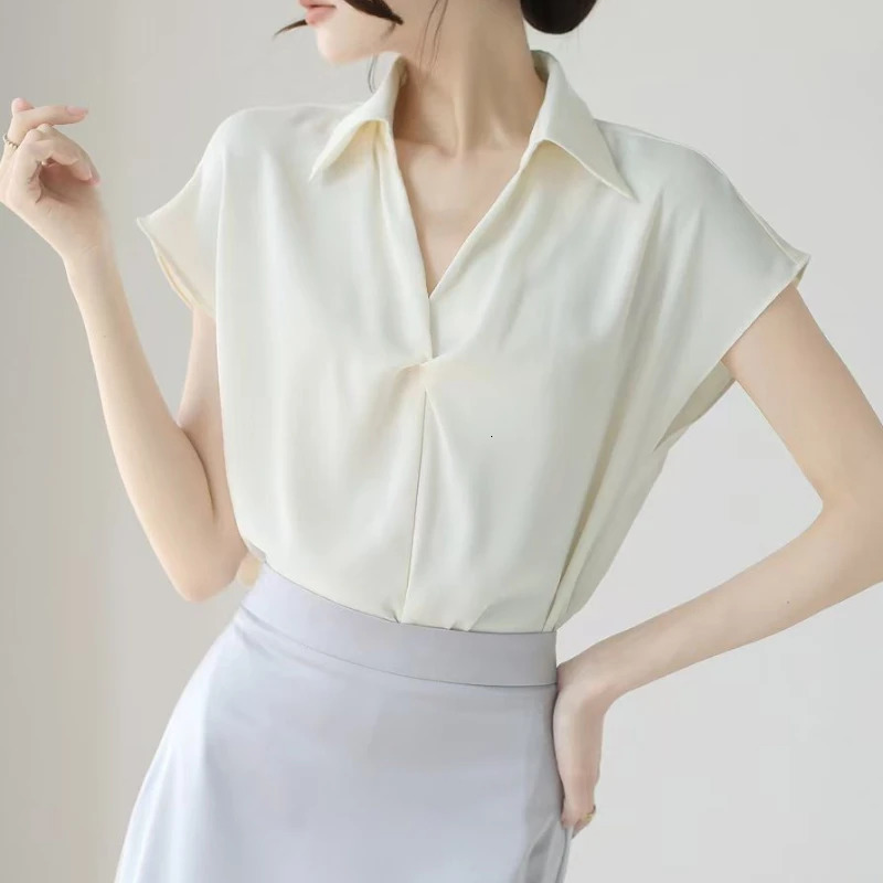 Summer Elagant Front Cross Womens Blouse Short Sleeve Vneck Korean Casual Loose Workwear Office Lady Shirts Female 250515