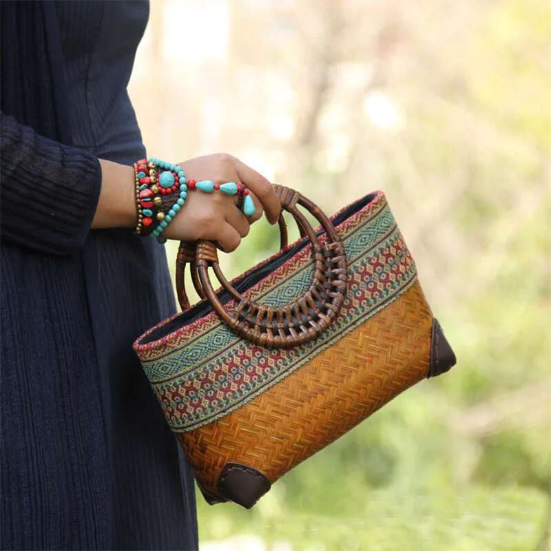 New Retro Japanese Handmade Grass And Bamboo Bag Designer Large Capacity Women's Storage Woven Rattan Handbag