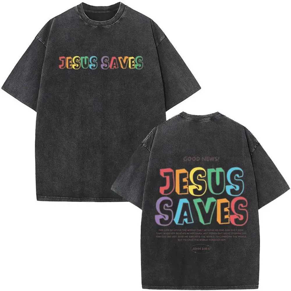 Womens Mens Retro Oversized Christian Jesus Faith Bible Scriptures Washed Harajuk Cotton T-shirt Z250417
