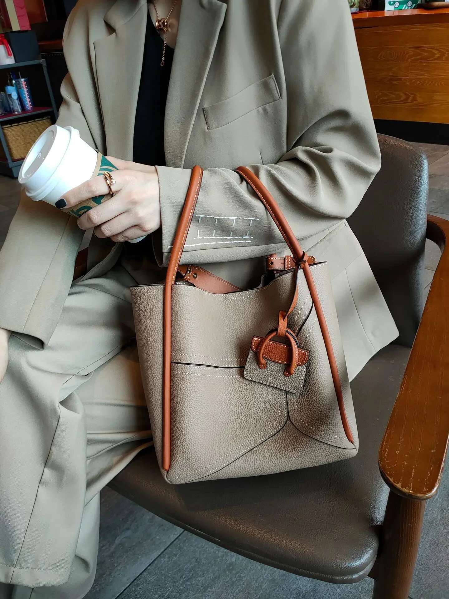 New Geometric Design Natural Togo Cow Leather Basket Tote Hit-Color Big Capacity Women's Handbag Armpit Shoulder Purse