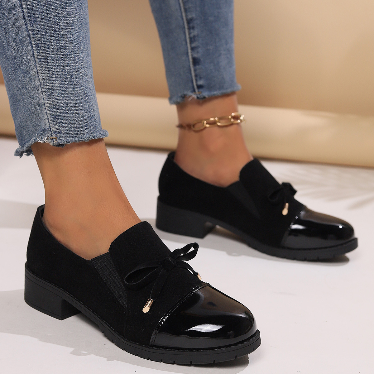 Women Plus Size Four Season Singles Korean Version Women S Leather Shoes New Style Thick Heel Round Casual Shoes Toe Bow Tie Ddmysaturn