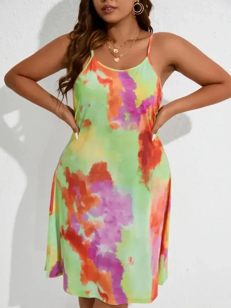 Womens Plus Size 1XL-6XL Ladies Plus Tie Dye Round Neck Slight Stretch Cami Dress Slip Dress Casual Summer Dress 250509
