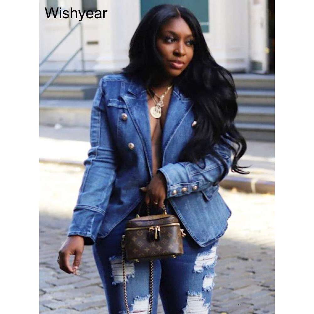 Fashion Notched Collar Long Sleeve Double Breasted Denim Coats For Women Slim Jeans Jacket Casual Streetwear Female Blazer Tops