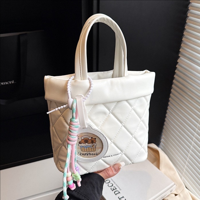 2025 New Lingge Embroidery Line Commuter Handheld Bucket for Women's Leisure Versatile Simple Solid Color Single Shoulder Crossbody Bag