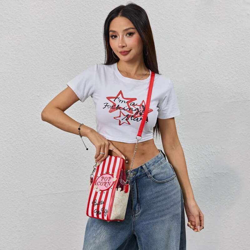 Popcorn Red Stripe Design Chain Shoulder Crossbody For Women Fashion Girls Purses And Handbags Novelty Clutch Bag
