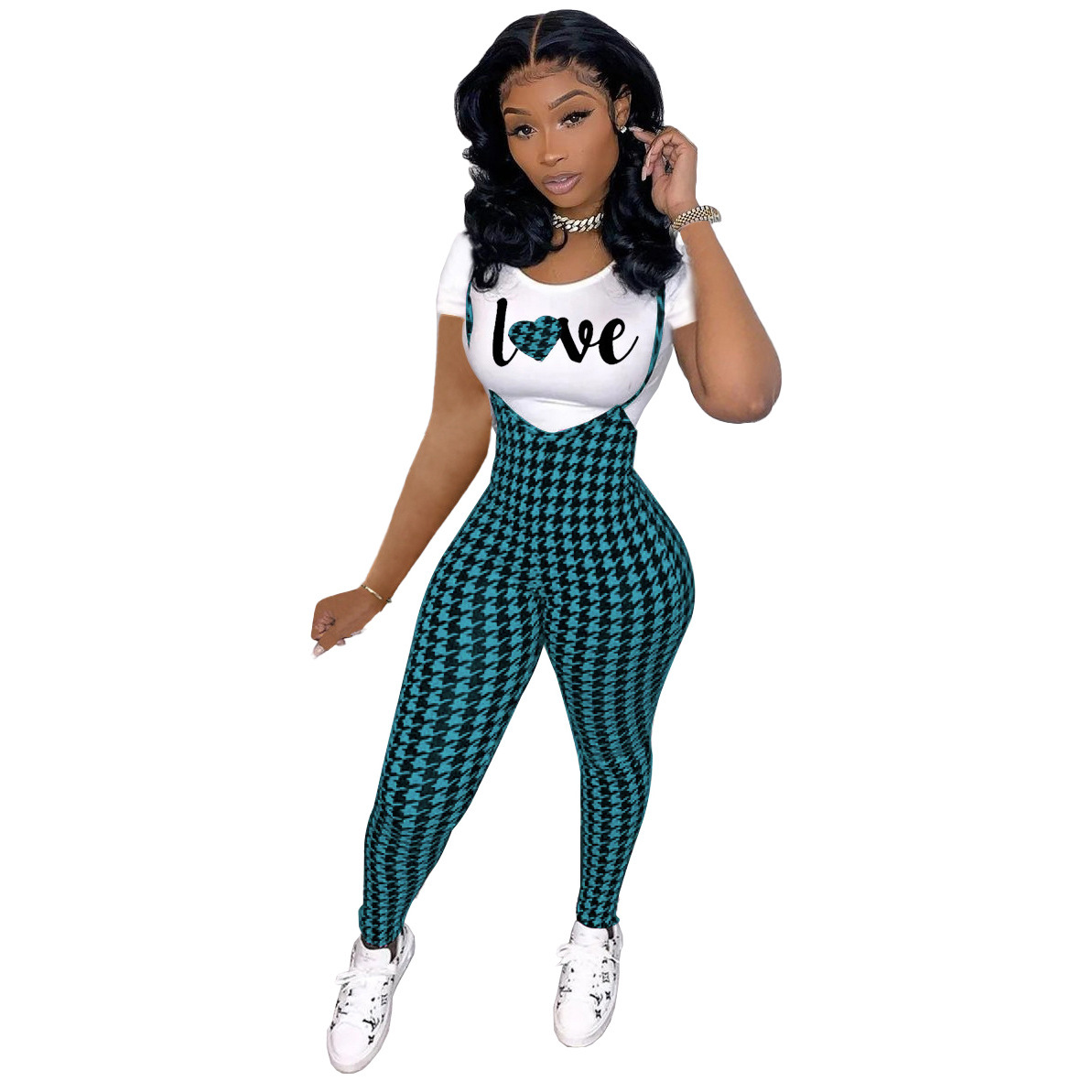 D9828 Womens fashion pattern printed short sleeved T-shirt+suspender jumpsuit