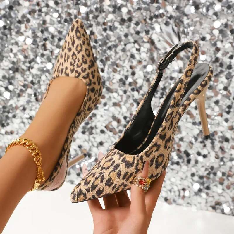 Leopard Print Shoes 2025 Summer New Item with Exposed Heel and Mixed Strap High Heels Pointed Women's Sandals