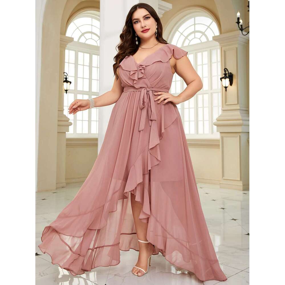 Unithorse Plus Size Women Summer Asymmetric Ruffle Lace With Waist Belt Elegant Chiffon Formal Bridesmaid Dress
