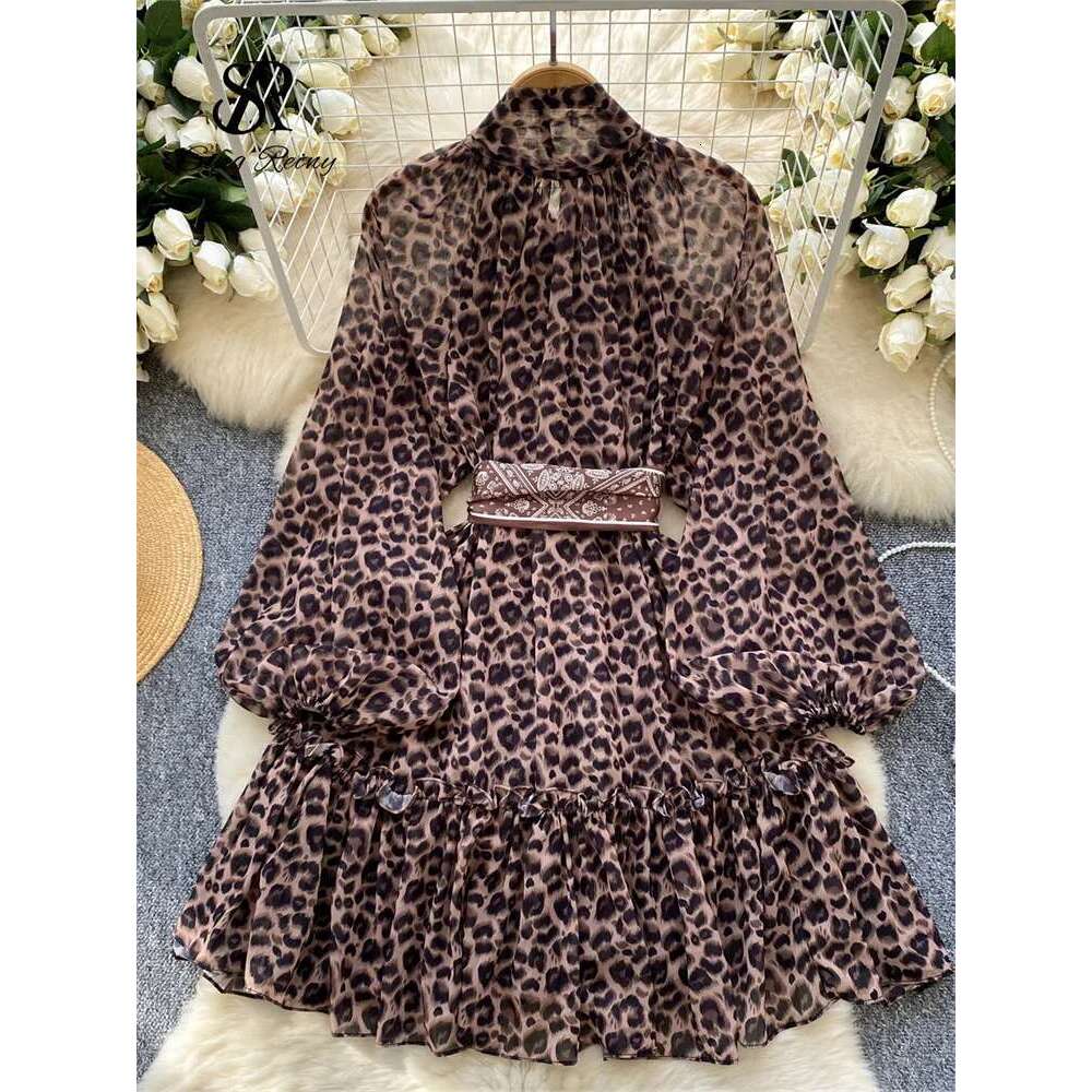 High Street Leopard Sexy Bow Neck Long Sleeves Transparent Loose Autumn Bohemian Casual Print Short Dress