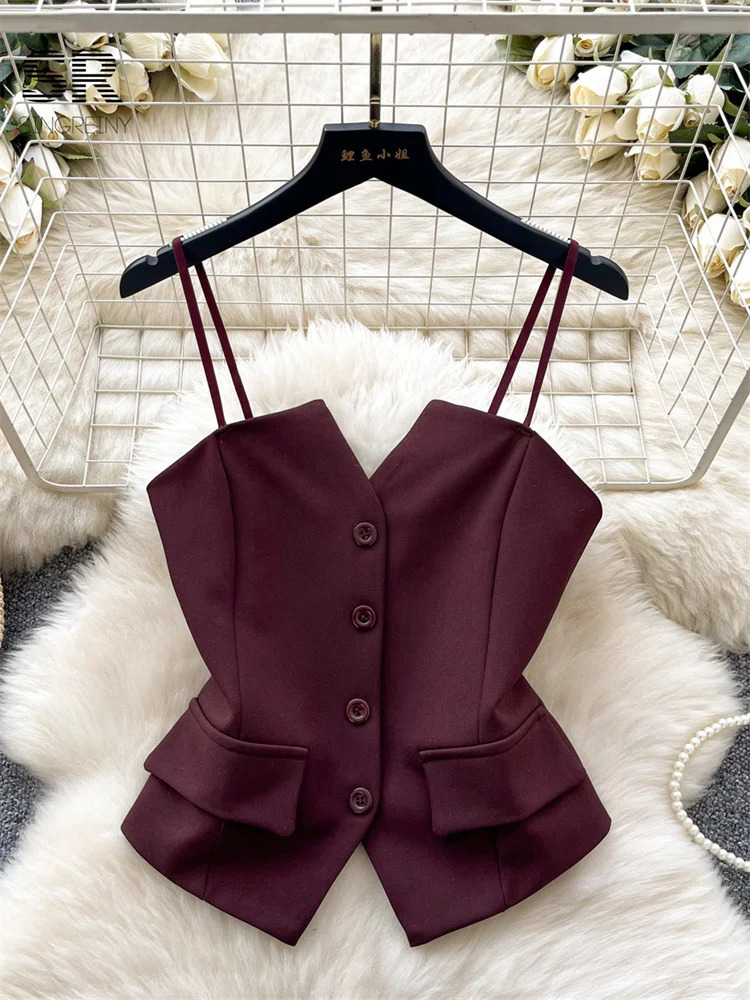 SINGREINY Summer Senior Straps OL Tops Single Breasted Skinny Women Blouse Fashion Solid Basics Elegant Short Tank 250515
