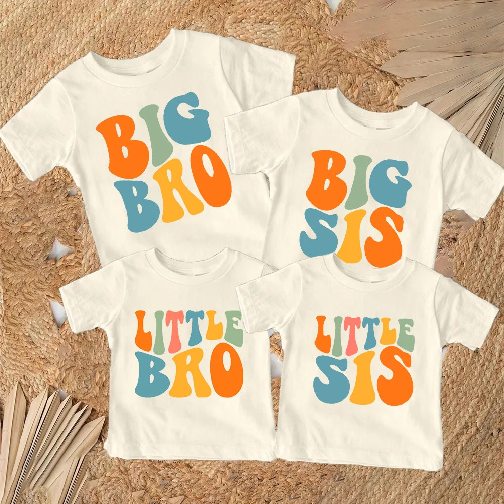 Big Bro Sis Little Bro Sis Printed Family Matching T-shirt Boys Girls Sibling Clothes Kids Tops Outfit Children Retro Tee Shirts 250515