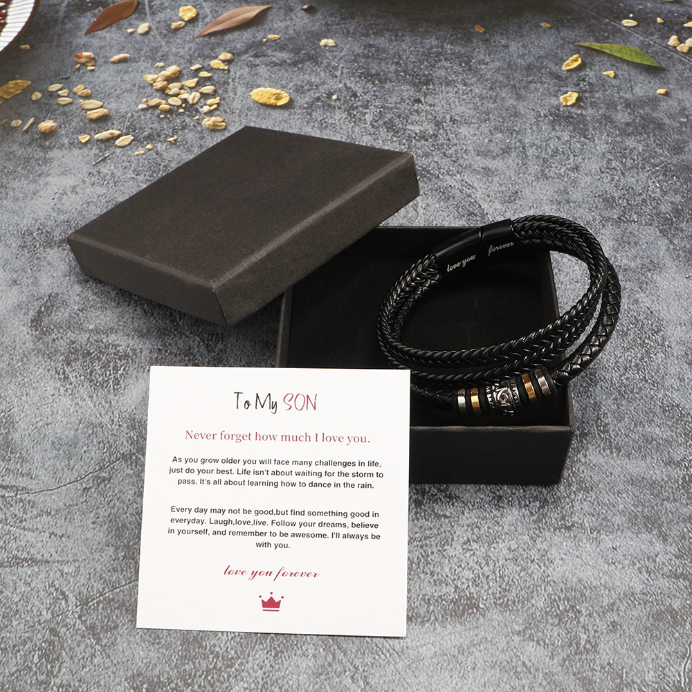 Trendsetting Man's Bracelets: Luxury Stainless Steel Strapped With Genuine Leather Band Featuring Individualized Inscription