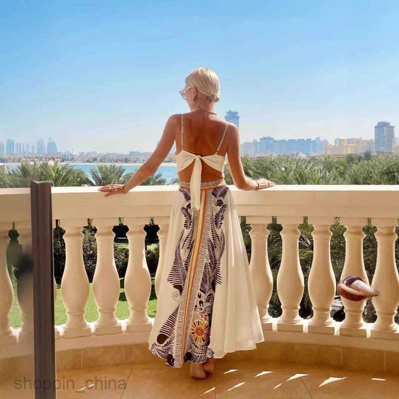 Women Dresses summer new backless lace up long dress with printed V-neck elegant dress