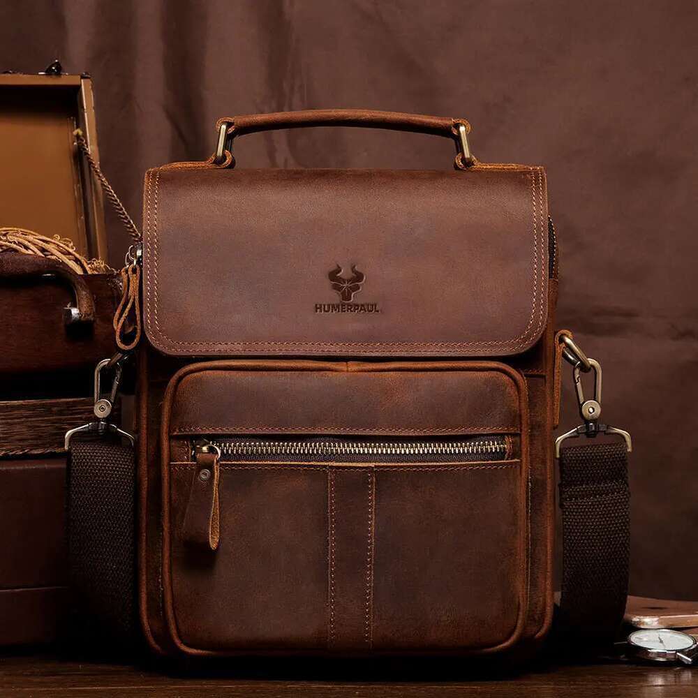 HUMERPAUL Genuine Leather Men's Shoulder Bag Work Business Messenger Bags Fashion Male Crossbody With Adjustable Straps