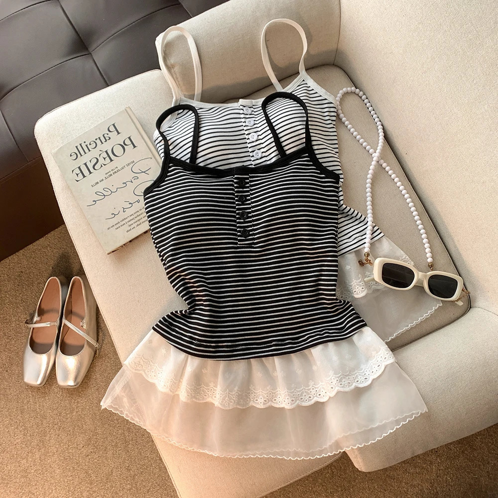 Summer Womens Korea Style Black White Strips Tank Top with Lace Hem Female Sweet Square Neck Spaghetti Straps Cami 250515