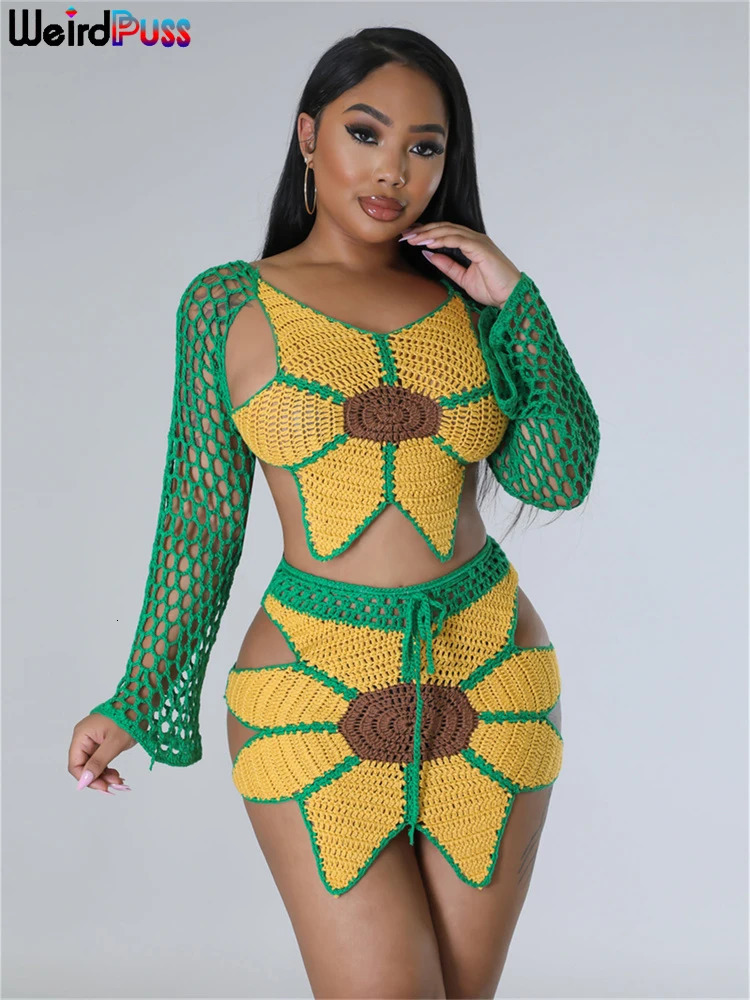Weird Puss 2 Piece Sets Women Outfit Crochet Sunflower Backless Hollow TopsSkinny Skirt Beach Party Summer Trend Matching Suits 250515