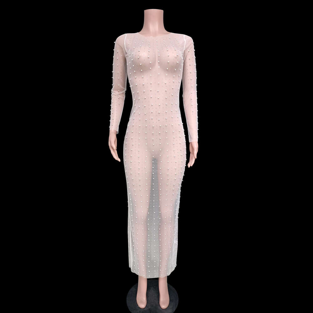 White Dress Maxi Dress 2022 New Fashionable And Sexy Dingzhu Hot Diamond Cover Up Mesh Long Sleeved Dress KQ