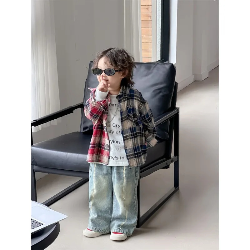 Boy Korean Children Clothing Soft Autumn Collection Red Blue Color Blocked Checkered Shirt Pure Cotton Blouses Outerwear 250515