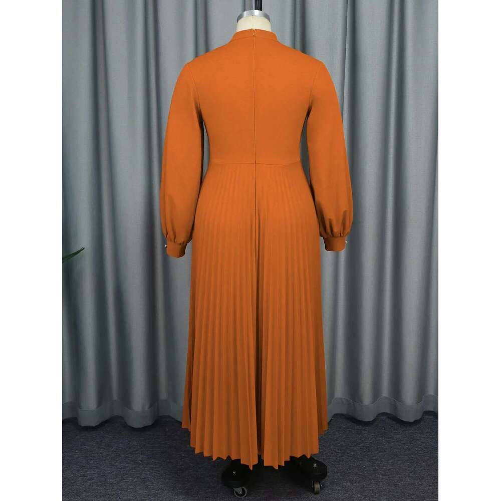 Plus Size Women Brown Maxi Pleated Party Dress Long Lantern Sleeve O Neck Cut Out Chest A-line Formal Church Robes New Gown 2024