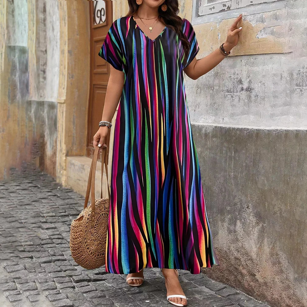Womens Dresses Plus Size Casual Loose Rainbow Stripe Printed V-neck Dress Fashion Short Sleeve Pullover Female Party Dress 250515