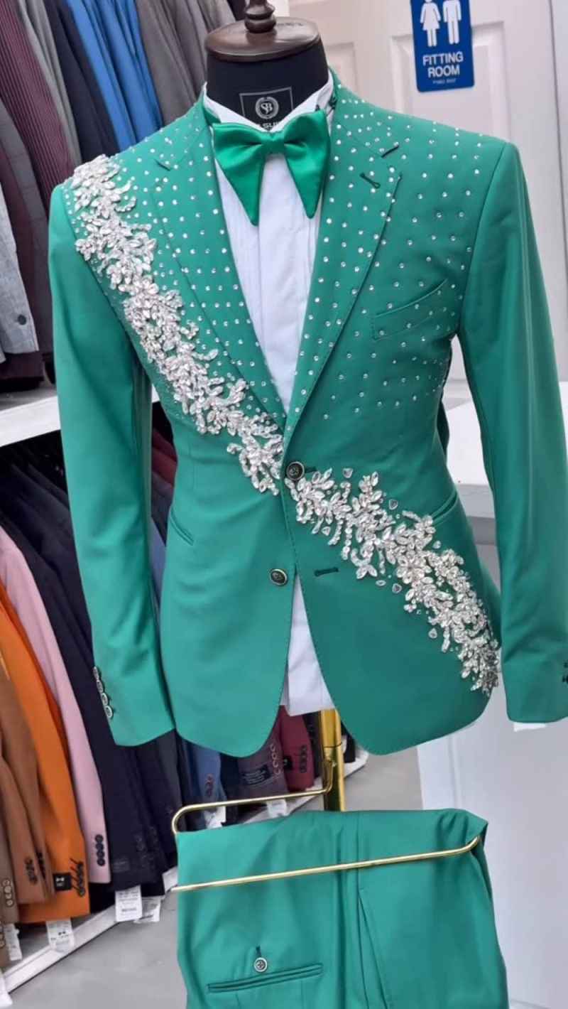 Crystal Beading Men Pants Suits Customized Slim Fit Notched Lapel Wedding Party Sets Male Blazer Homme 2 Pieces