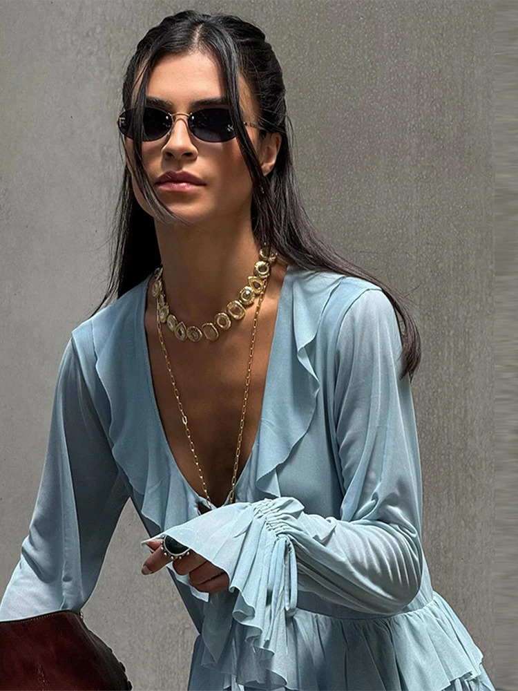 Ruffled Layered Shirt Top Long Skirt Women Two Piece Set Flared Sleeves Lace Up VNeck Pleated Satin Blouse Loose Beach Skirts 250515