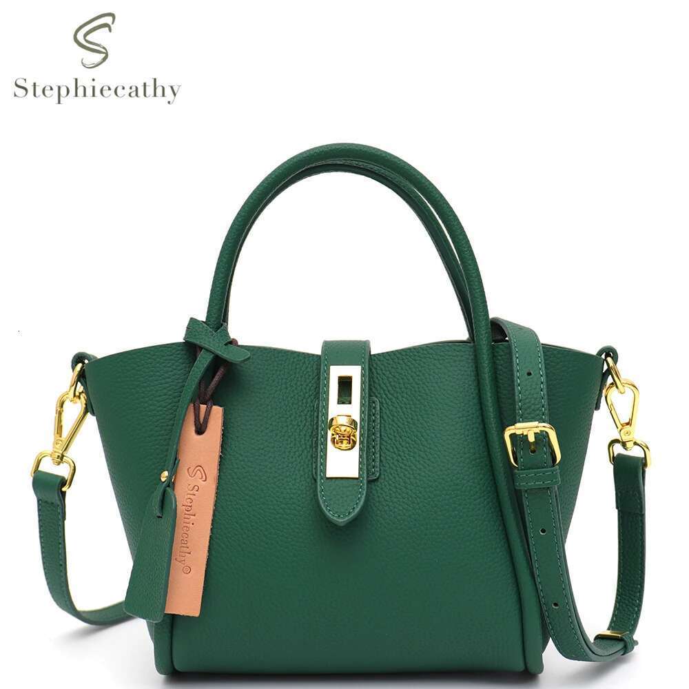 SC Fashion Women Genuine Leather Top-Handle Bags Twist Lock Bucket Tote Handbags Ladies Cross Body Shoulder Purses Chic