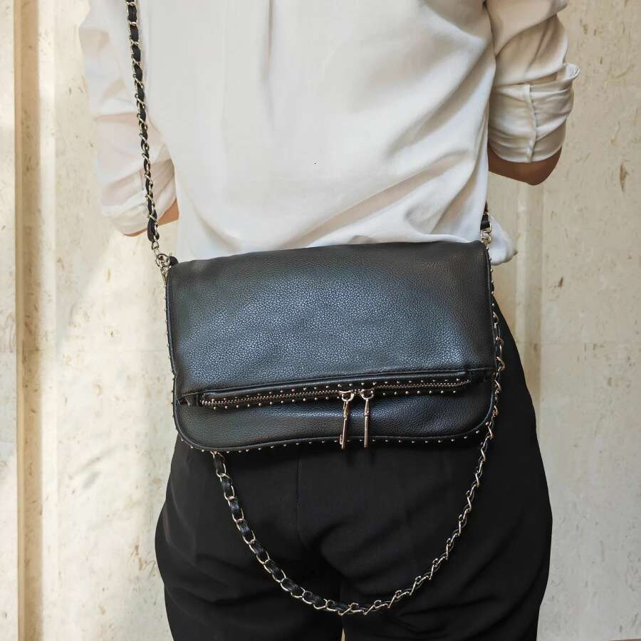 Women Chain Crossbody Design Pu Leather Lady Shoulder Purse Large Capacity Classic Black Fold Envelope Bag